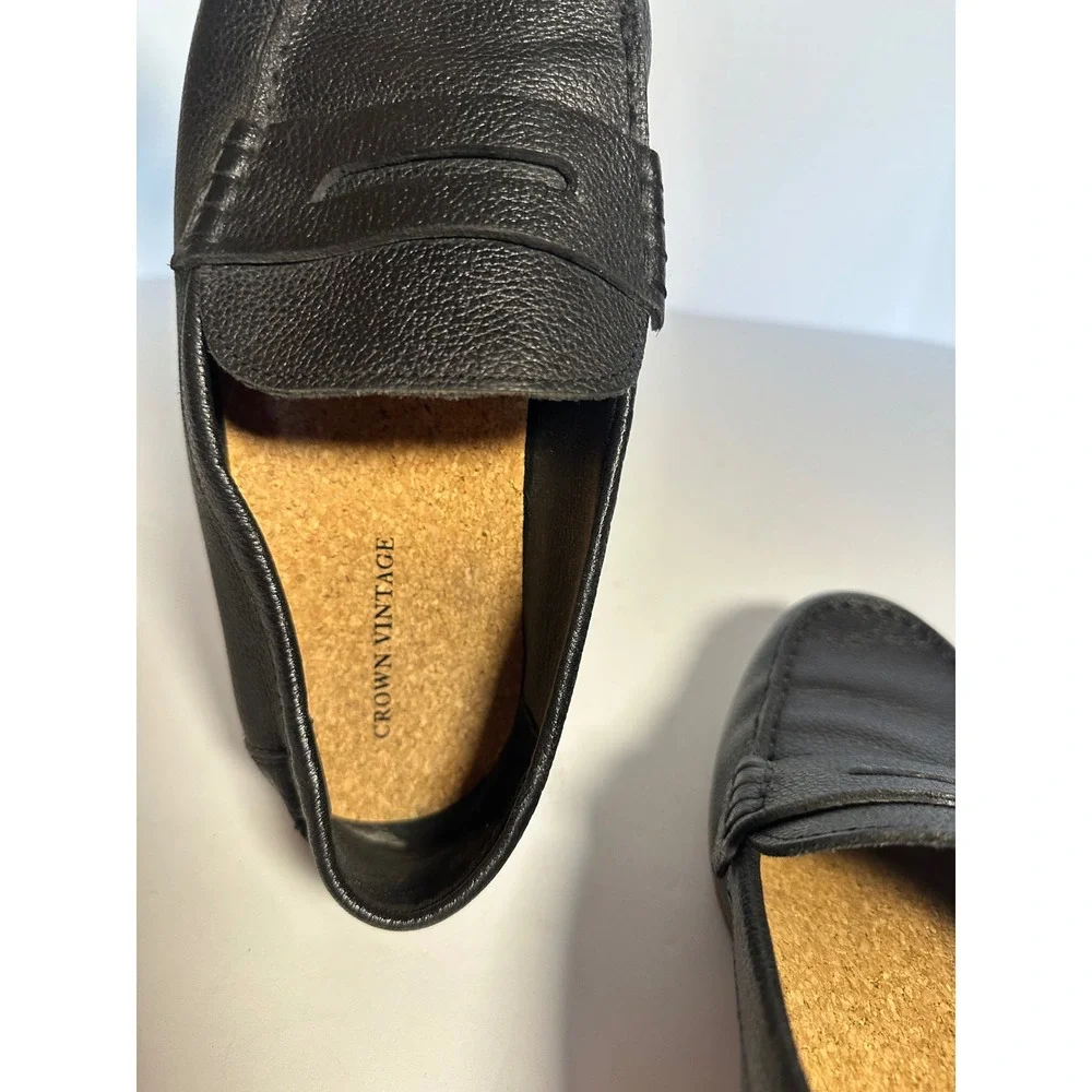 Crown Vintage Mens Black Pebbled Leather Penny Loafers Slip On Shoes